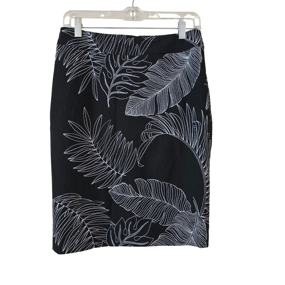 Tommy Bahama‎ Womens 2 Black White Tropical Leaf Embroidered Linen Pencil Skirt